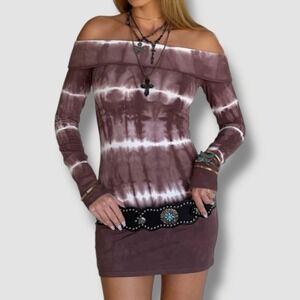 Frankies Bikinis Tie Dye Off-The-Shoulder‎ Long Sleeve Cinzia Mini Dress Sz XS